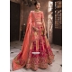 Peach And Pink Embroidered Patch Border And Sequins Work Silk Lehenga Choli
