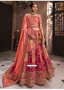 Peach And Pink Embroidered Patch Border And Sequins Work Silk Lehenga Choli