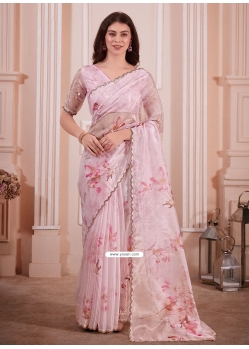 Pink Organza Digital Printed Classic Sari With Hand And Zircon Work
