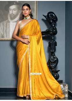Yellow Satin Designer Saree With Floral Patch And Woven Work For Ceremonial
