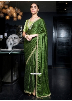 Green Satin Contemporary Sari