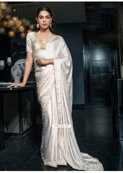 White Satin Floral Patch And Woven Work Classic Saree For Ceremonial