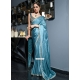 Floral Patch And Woven Work Satin Contemporary Sari In Blue For Ceremonial