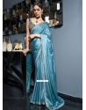 Floral Patch And Woven Work Satin Contemporary Sari In Blue For Ceremonial
