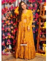 Mustard Chinon Jacket Style Suit With Digital Print Work