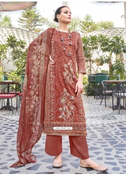Aari And Dimond Work Cotton Salwar Suit In Brown