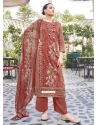 Aari And Dimond Work Cotton Salwar Suit In Brown
