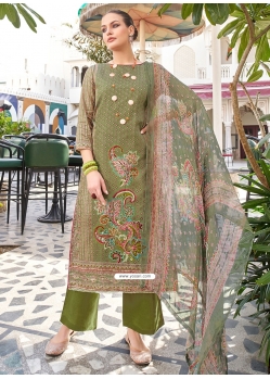 Aari And Diamond Work Cotton Salwar Suit In Green