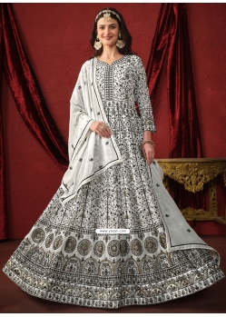 White Faux Georgette Embroidered Work Floor Length Salwar Suit For Engagement