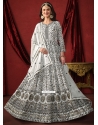 White Faux Georgette Embroidered Work Floor Length Salwar Suit For Engagement