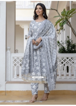 Floral Patch Work Cotton Salwar Suit In Grey