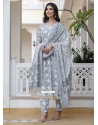 Floral Patch Work Cotton Salwar Suit In Grey