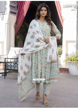 Floral Patch Work Cotton Readymade Salwar Suit In Sea Green