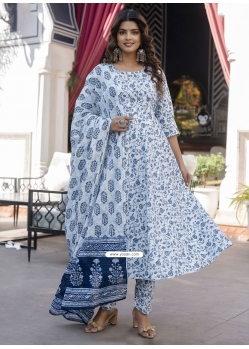 Floral Patch Work Cotton Salwar Suit In Blue