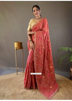 Peach Tussar Silk Embroidered Work Traditional Saree For Ceremonial