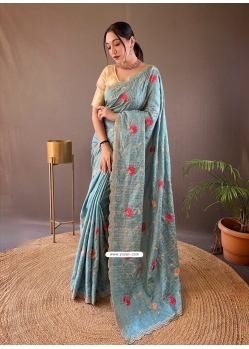 Blue Tussar Silk Traditional Saree With Embroidered Work For Ceremonial