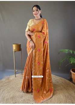 Mustard Tussar Silk Embroidered Work Traditional Saree