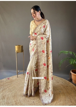 Magnetize Off White Tussar Silk Traditional Saree With Embroidered Work