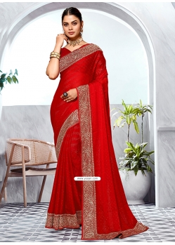 Red Art Silk Embroidered And Swarovski Work Contemporary Sari