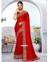 Red Art Silk Embroidered And Swarovski Work Contemporary Sari