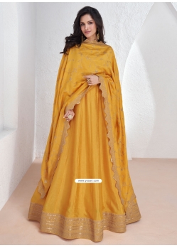 Mustard Silk Embroidered And Sequins Work Gown For Ceremonial