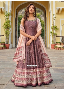 Digital And Patola Print Work Silk Gown In Brown For Ceremonial