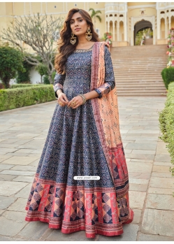Blue Digital And Patola Print Work Silk Gown