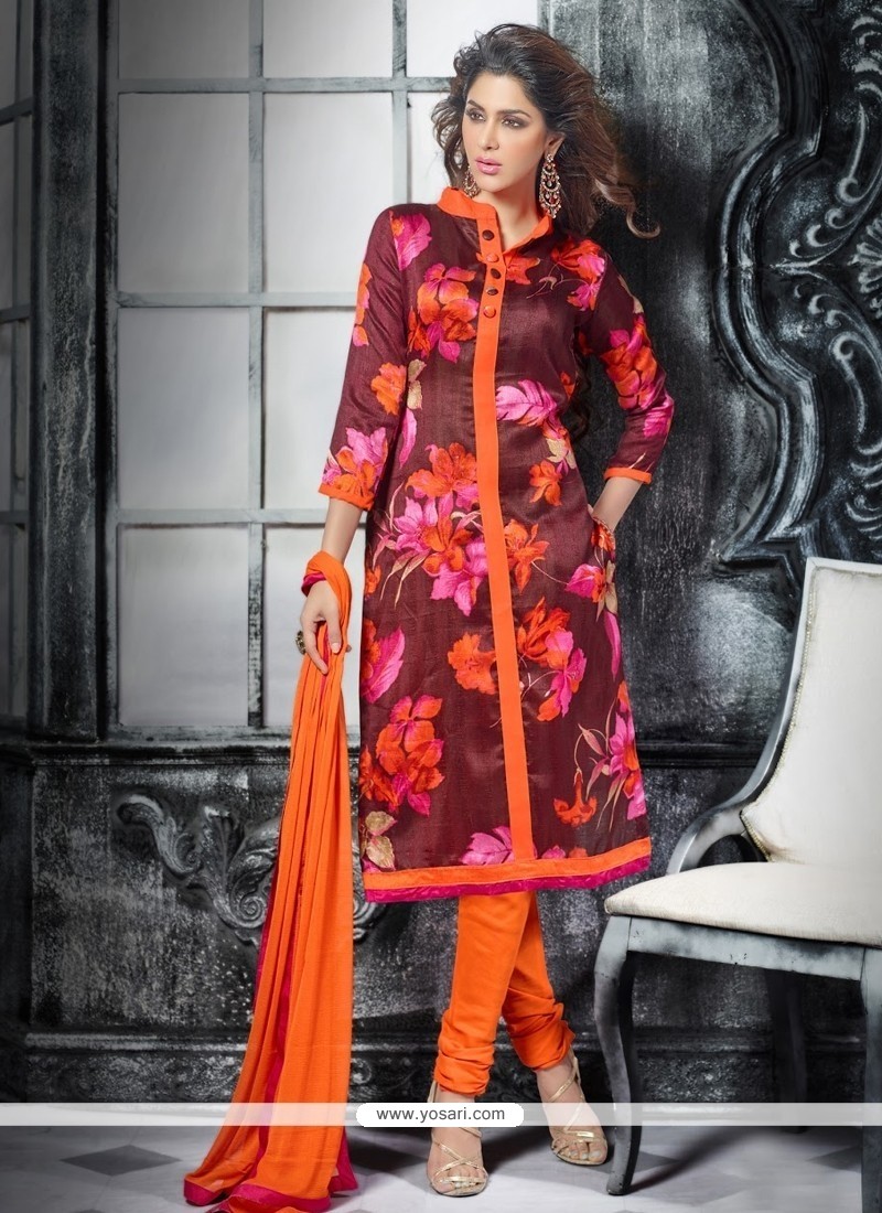 Prime Bhagalpuri Silk Navy Blue and Orange Long Length Anarkali Salwar Suit  For Festival