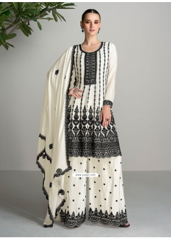 White Chinon Designer Embroidered Salwar Suit