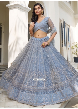 Blue Net Lehenga Choli With Embroidered Sequins And Thread Work