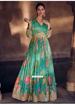 Embroidered Work Georgette Designer Gown In Green For Ceremonial