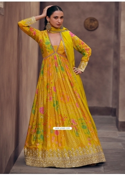 Embroidered Work Georgette Gown In Yellow For Ceremonial