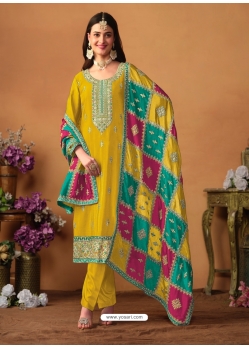 Yellow Chinnon Silk Designer Salwar Suit