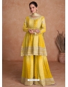 Trendy Yellow Chinnon Embroidered Party Wear Palazzo Suit