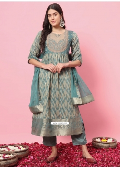 Aqua Blue Cotton Silk Salwar Suit With Embroidered Work