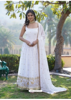 Heavy Faux Blooming Party Wear Gown With Dupatta In White