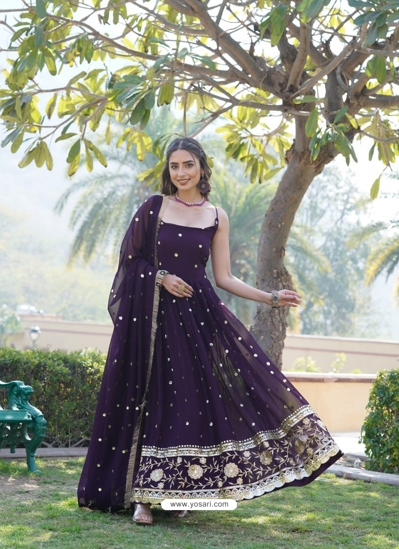 Buy Heavy Faux Blooming Party Wear Gown With Dupatta In Wine | Gowns