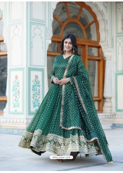 Green Party Wear Embroidery Zari Sequins Worked Gown With Dupatta