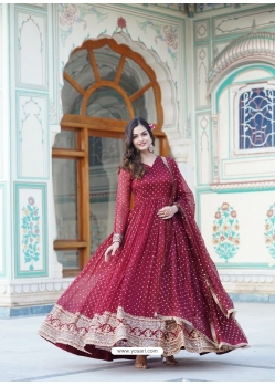 Maroon Party Wear Embroidery Zari Sequins Worked Gown With Dupatta