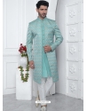 Jacqurad Silk Designer Indowestern Sherwani In Turquoise For Men
