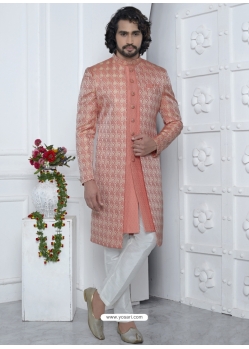 Jacqurad Silk Designer Indowestern Sherwani In Peach