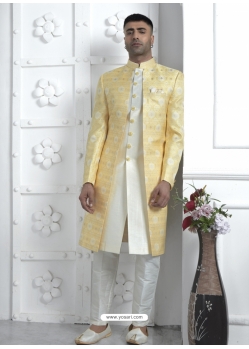 Yellow Jacqurad Silk Designer Indowestern Sherwani For Men