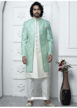 Stylish Green And Cream Jacqurad Silk Designer Indowestern Sherwani