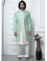 Stylish Green And Cream Jacqurad Silk Designer Indowestern Sherwani