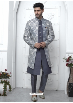 Jacqurad Silk Designer Indowestern Sherwani In Grey