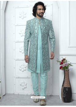 Firozi Jacqurad Silk Designer Indowestern Sherwani For Men