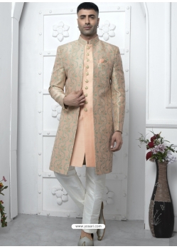 Peach Jacqurad Silk Designer Indowestern Sherwani For Men