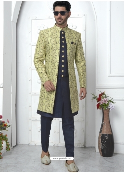 Green Jacqurad Silk Designer Indowestern Sherwani For Men