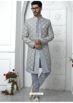 Grey Jacqurad Silk Designer Indowestern Sherwani For Men
