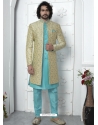 Beige And Green Jacqurad Silk Designer Indowestern Sherwani